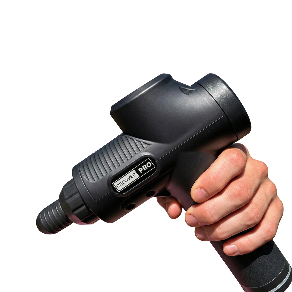 Hand holding the Recover Pro percussion massage device
