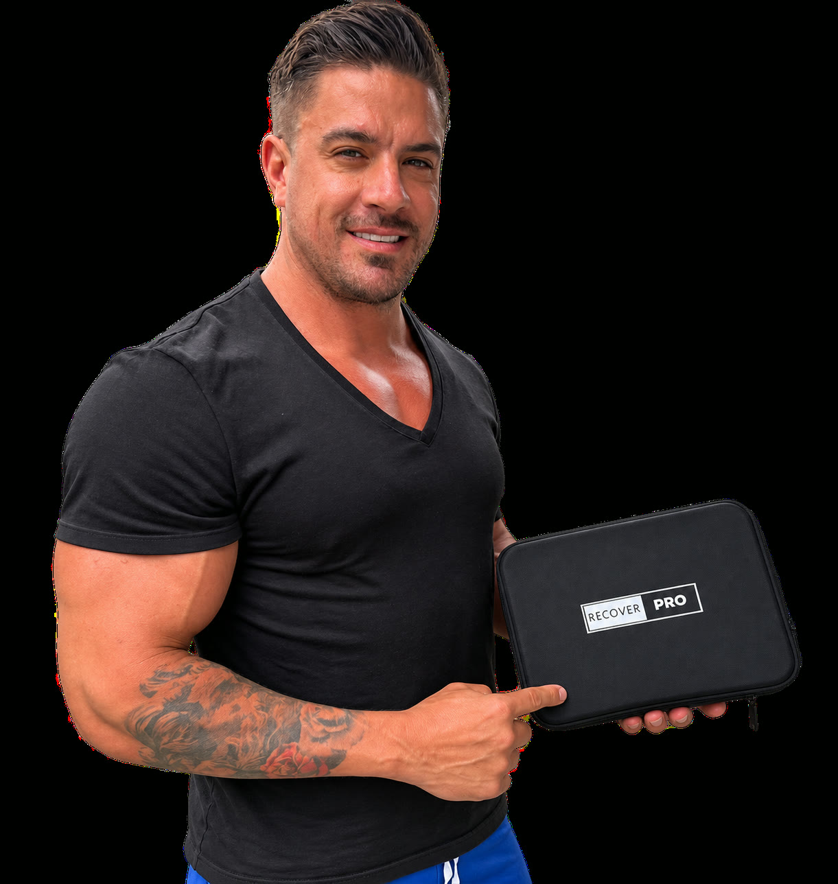 Man holding the open Recover Pro case with all attachments